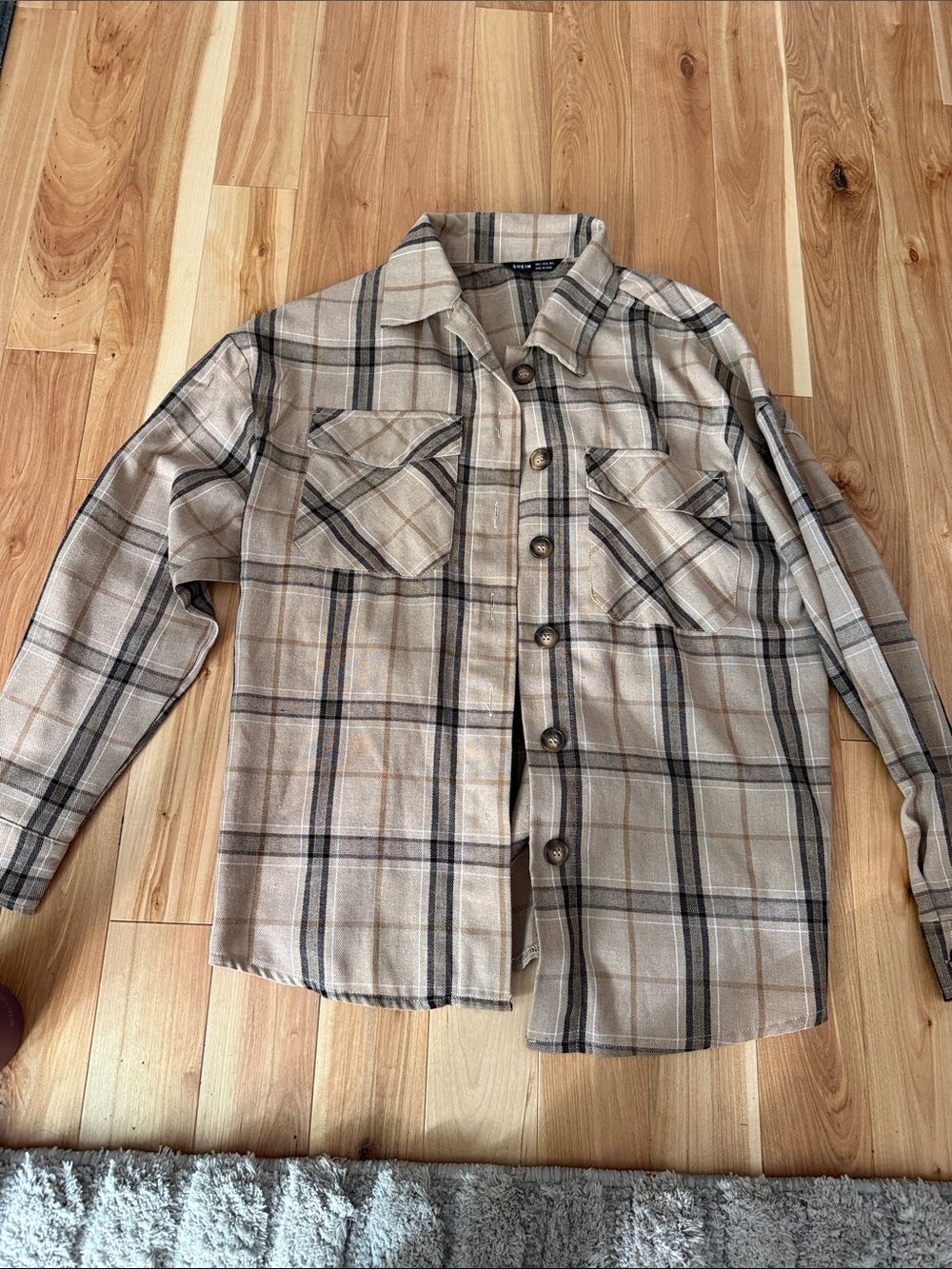 SHEIN Tan & Black Plaid Button-Up Shacket